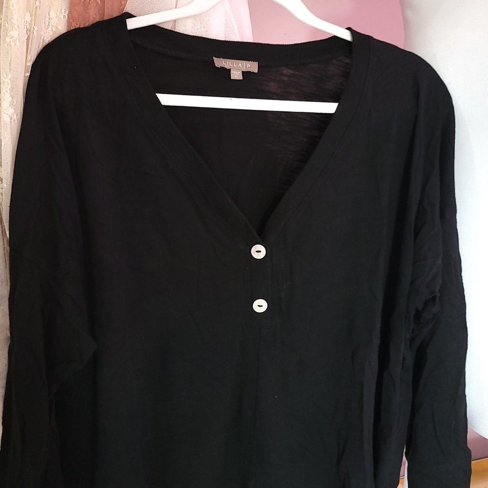 Lilla P Black Cotton Modal V-Neck Henley Long Sleeve Top Womens XL Casual Staple - Picture 3 of 5